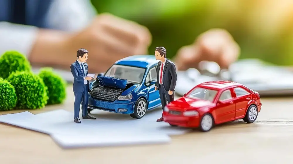 Blue and Red car with two men