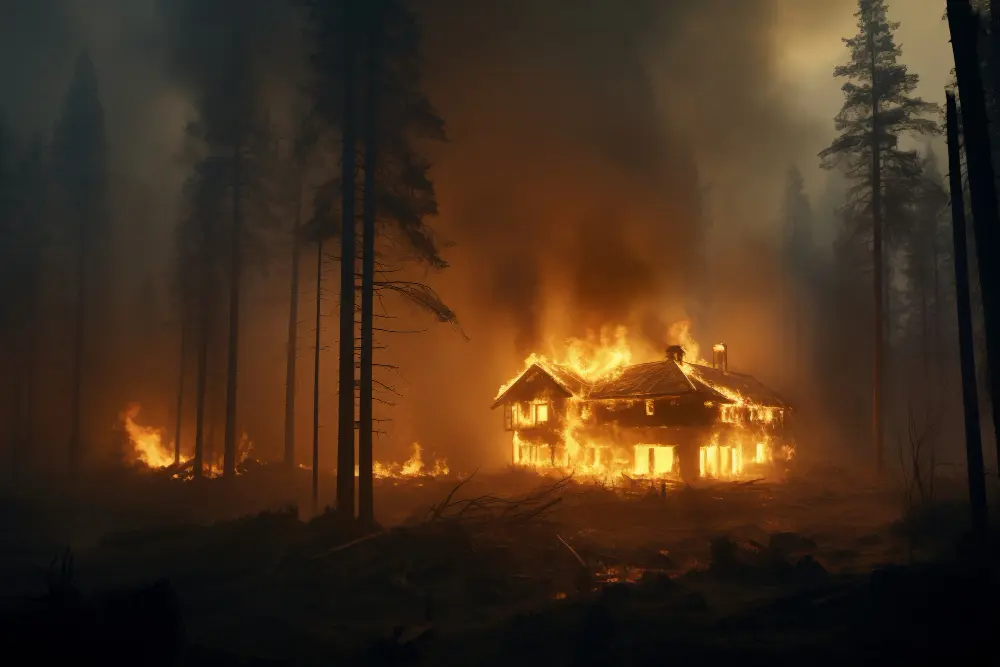 A house engulfed in flames during a forest wildfire at night.
