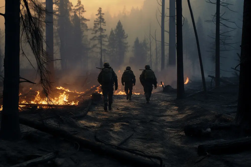 Three firefighters moving through a burned forest as flames smolder around them.