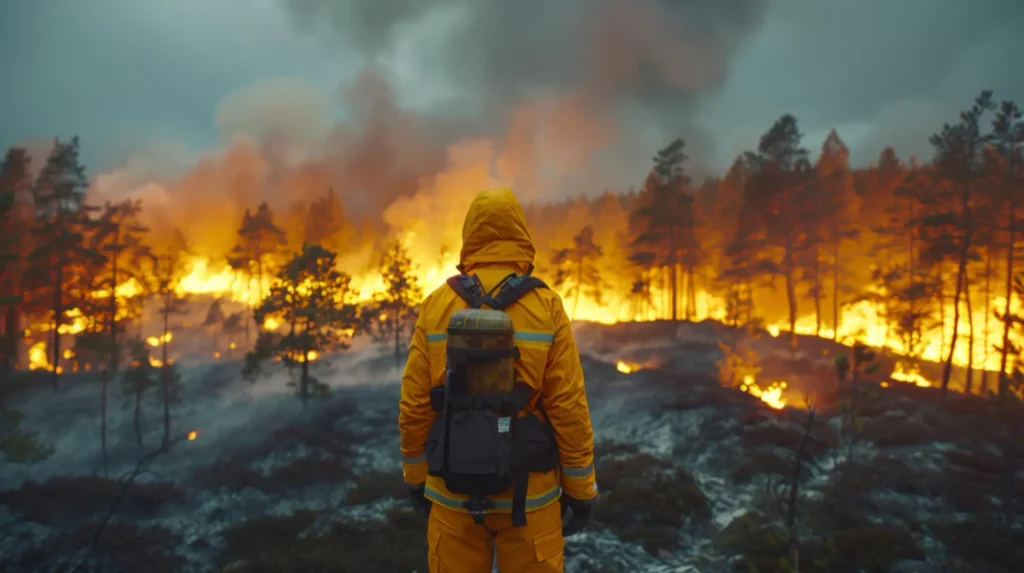 Person standing near a wildfire as flames spread across a forest area